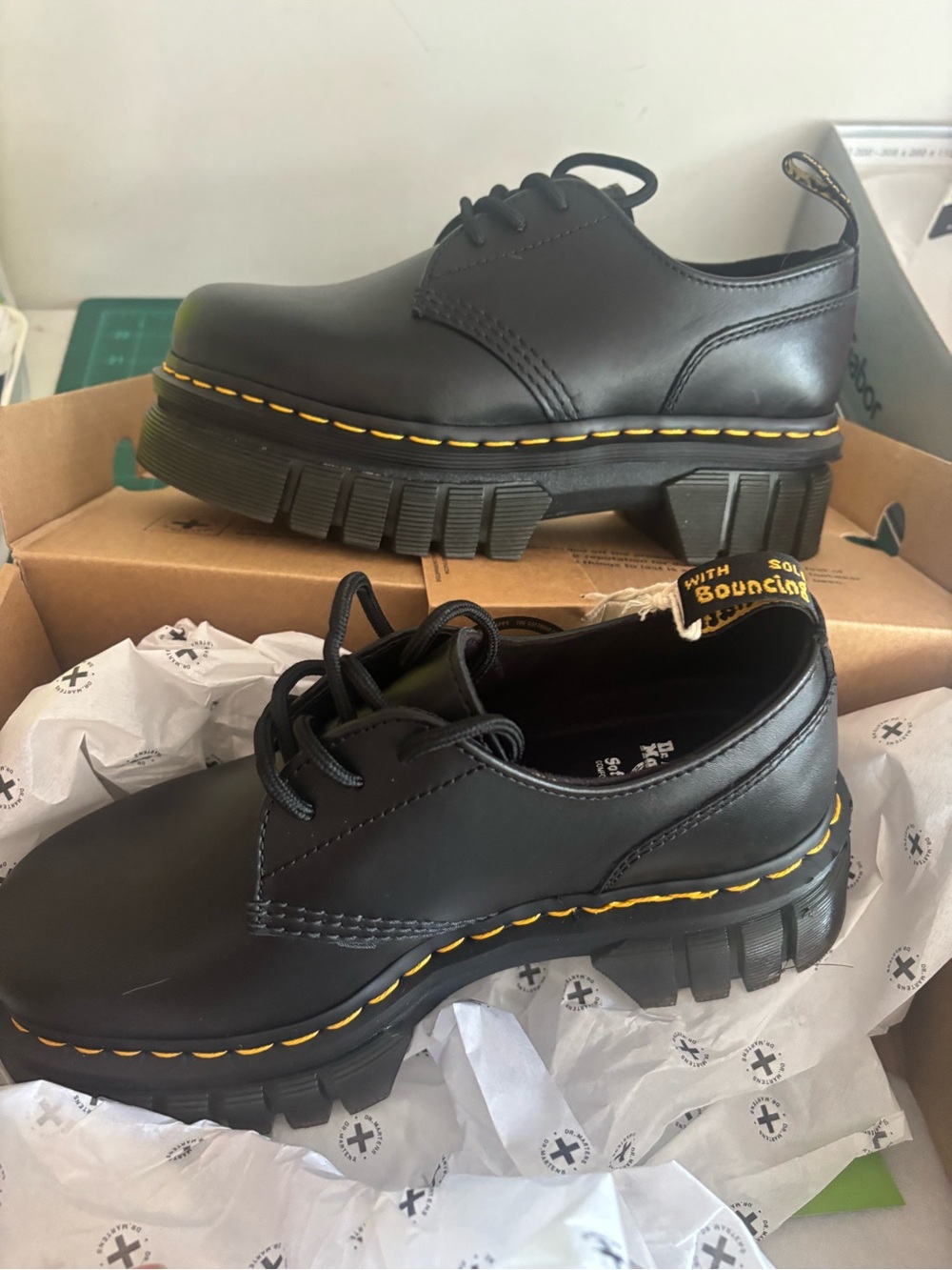 Dr. Martens Black Leather Platform Derby Shoes with Yellow Stitching - Picture 4 of 12